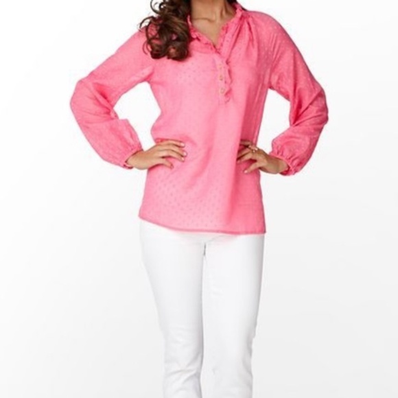 Lilly Pulitzer Elsa Swiss Clip Dot Pink Blouse - Picture 1 of 6